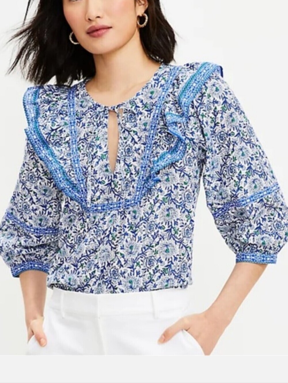 LOFT Blue Floral Ruffle Peasant Blouse